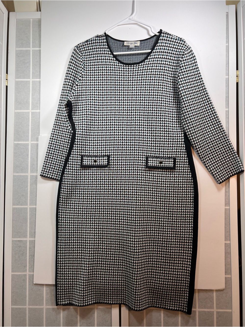 1960s “Mad Men Style” Black & White Houndstooth Long Sleeve Sheath Dress